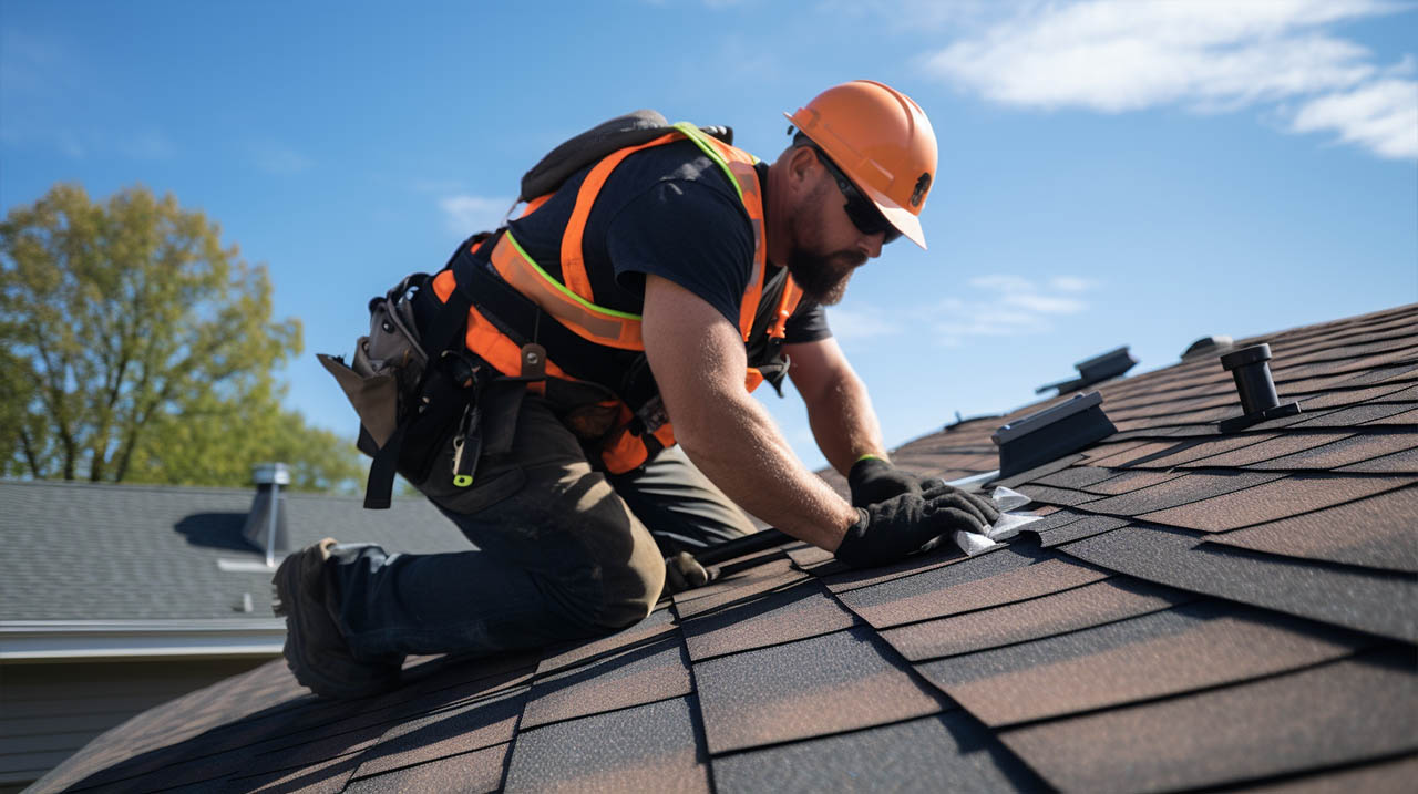 A Work Ninjas roofing client kneeling on a rooftop, installing shingles under a clear blue sky